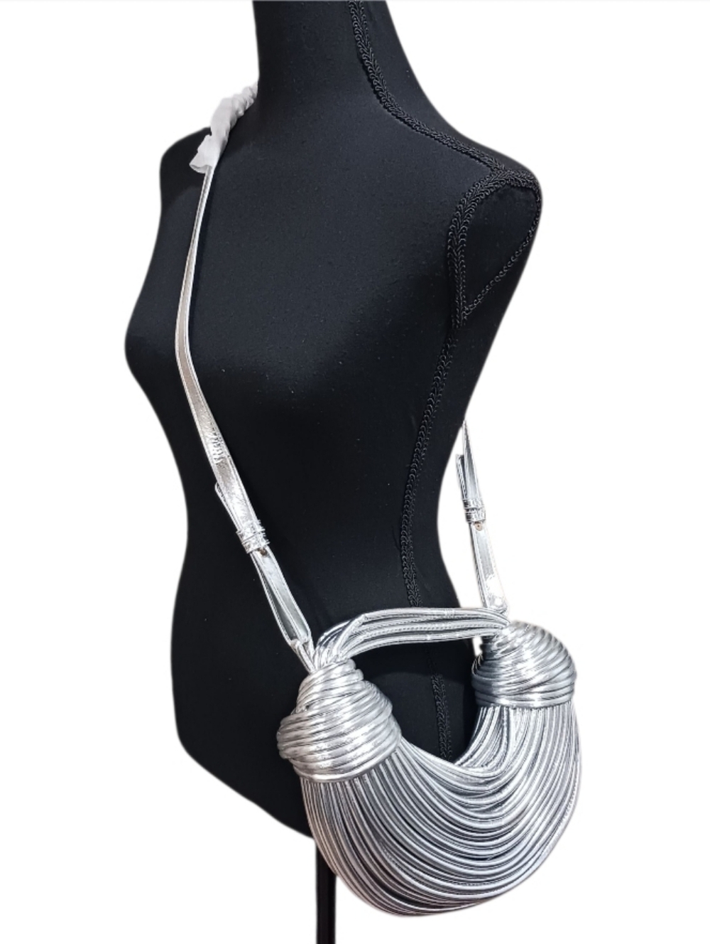 Curved Knotted Noodle Convertible Bag Futuristic Glam Silver Foil - Picture 2 of 9